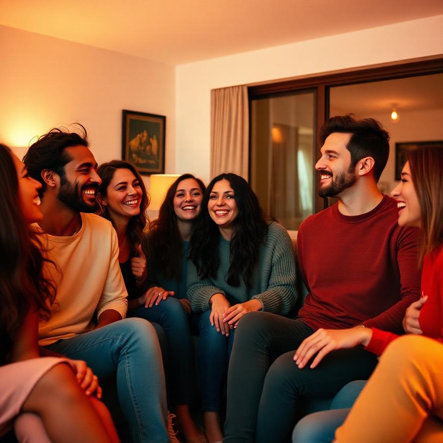 Friends laughing together in a warmly lit living room